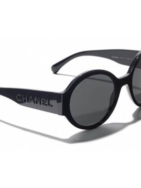 CHANEL Black Round Logo Temple Sunglasses